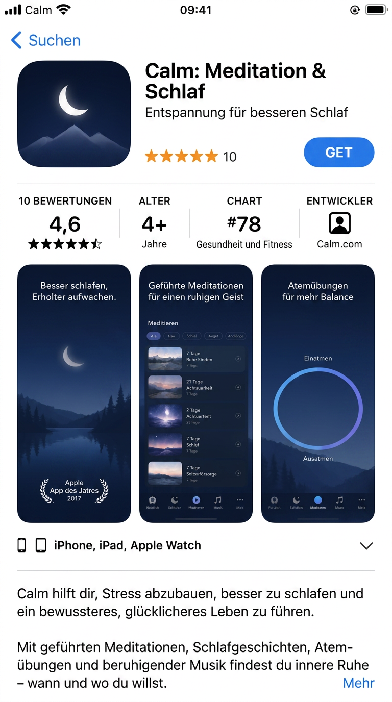 App Store Detailseite der fiktiven App Calm mit Icon, Bewertungen und Screenshots