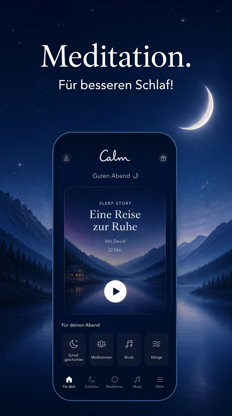App Store Screenshot der fiktiven App Calm mit Text-Overlay 'Meditation. Für besseren Schlaf!' über einer nächtlichen Mondlandschaft